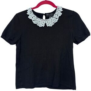 Spenser Jeremy Silk‎ Blend Petite Black Short Sleeve Top Lace Collar PM